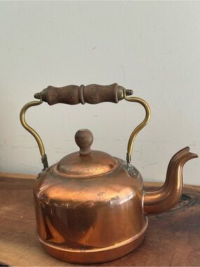 Vintage Copper Teakettle with Wooden Handle - Rustic Farmhouse